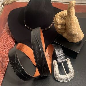 Lucchese Black Leather Western Belt - Classic Tooled Design